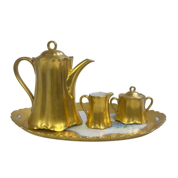 Antique Early 20th Century Hutschenreuther Gelb Bavaria Gilt 4-PC Coffee Tea Set - Picture 2 of 16